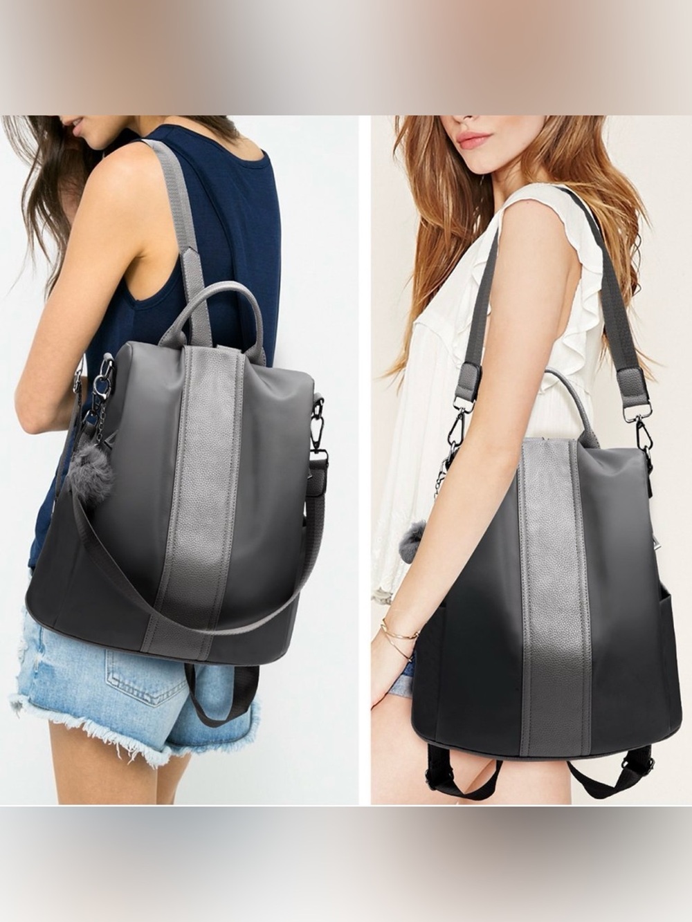 Convertible Grey Two-Tone Backpack Tote - Women's Bag